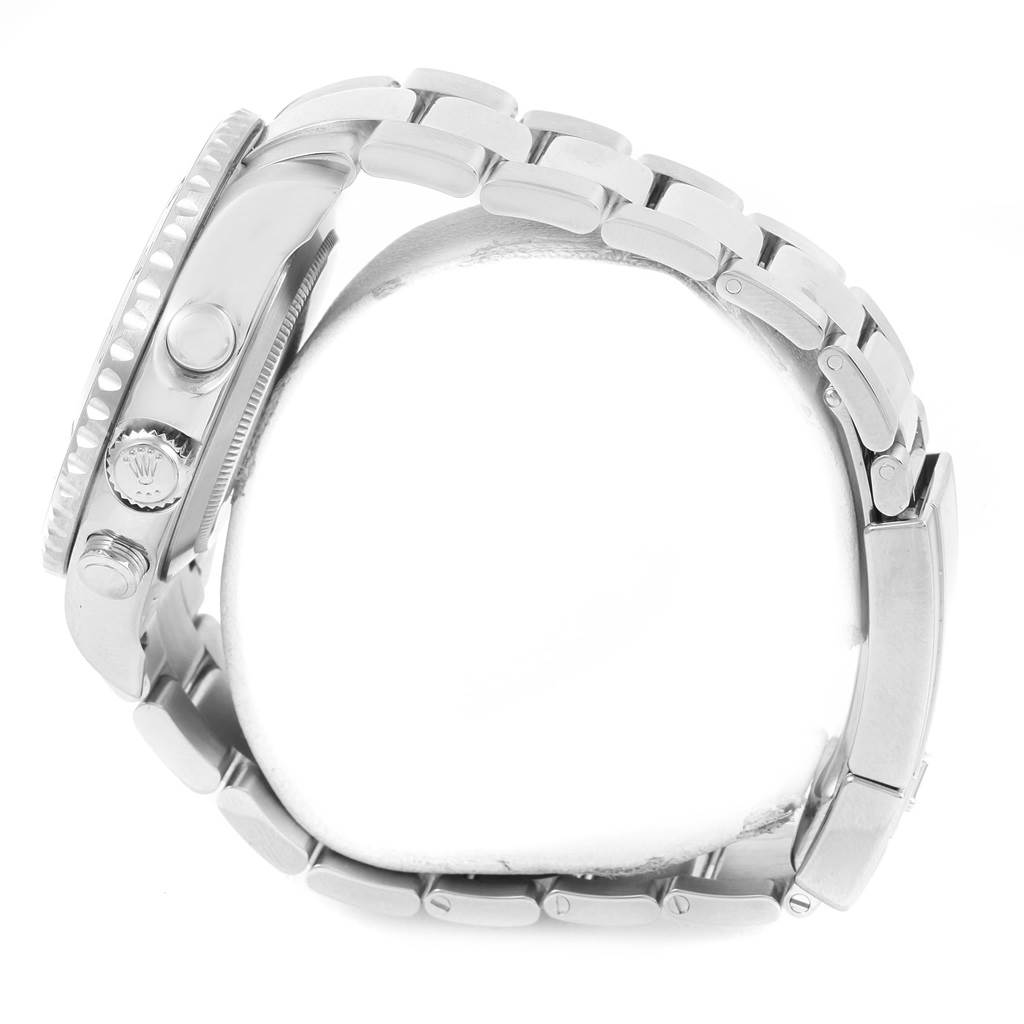 The image shows a side view of the Rolex Yacht-Master 116680 Men's Stainless Steel White Dial 116680 Men's Stainless Steel White Dial watch, highlighting its crown, bezel, and metal bracelet.