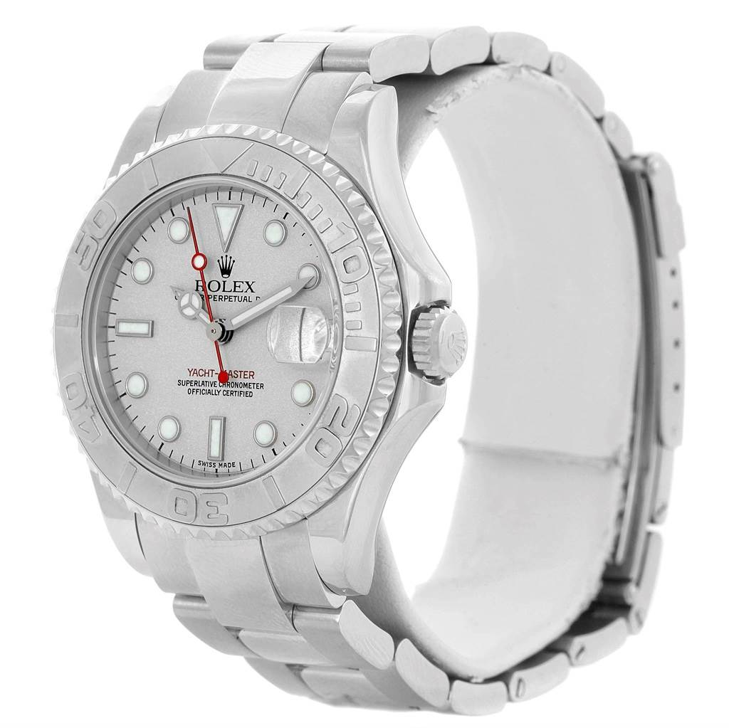 This image shows a front-side angle of the Rolex Yacht-Master 168622 Stainless Steel Silver Dial 168622 Stainless Steel Silver Dial watch, highlighting the dial, bezel, bracelet, and crown.