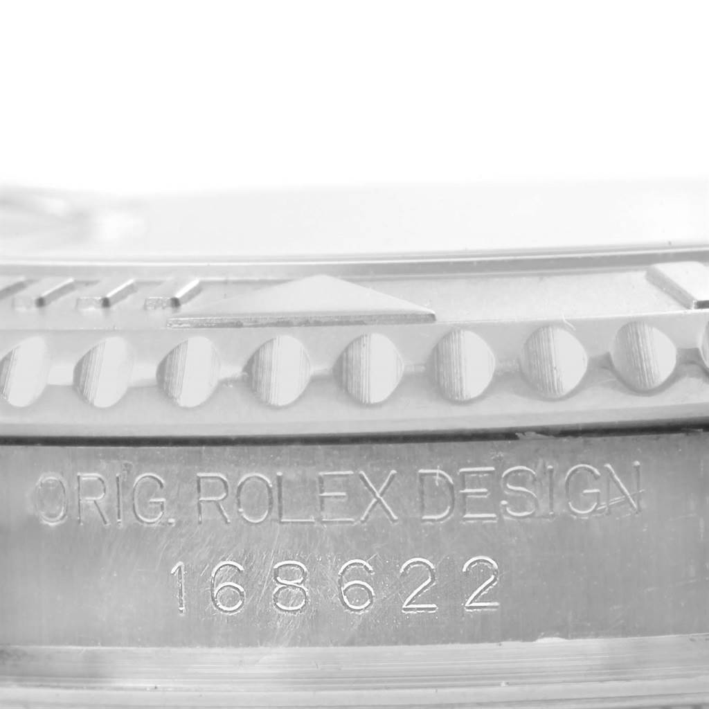 This image shows a close-up of the bezel and case side of the Rolex Yacht-Master 168622 Stainless Steel Silver Dial 168622 Stainless Steel Silver Dial, featuring the model number 168622.