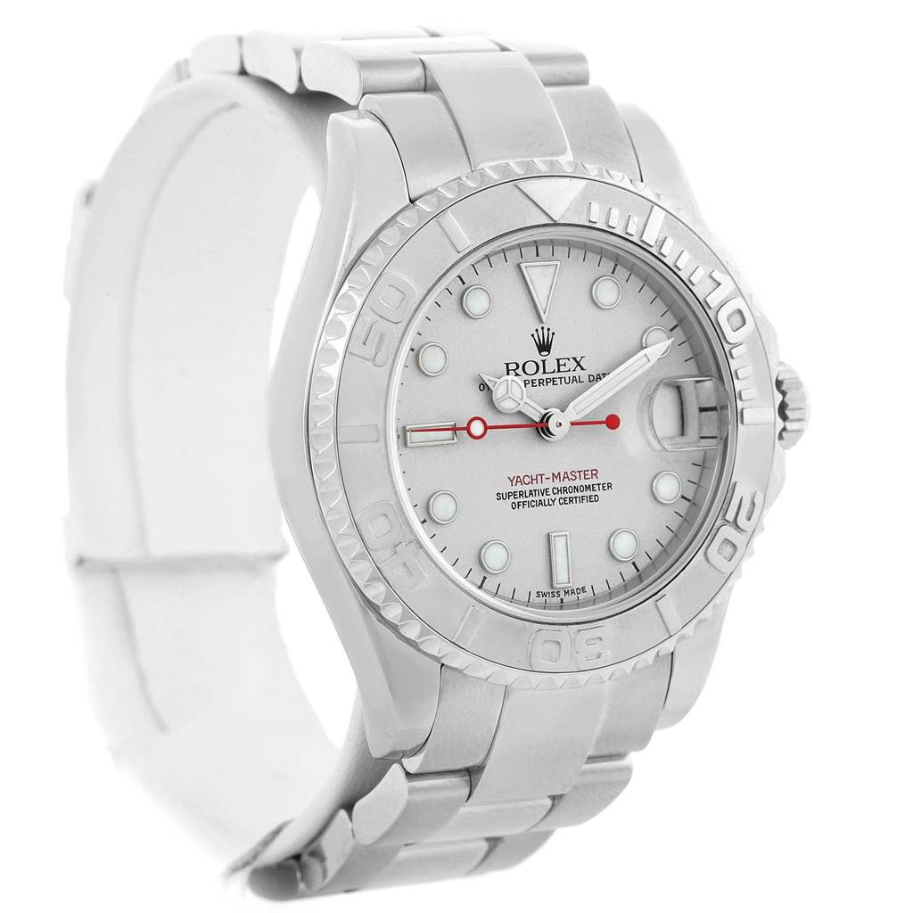 The image shows a close-up of a Rolex Yacht-Master 168622 Stainless Steel Silver Dial 168622 Stainless Steel Silver Dial watch, focusing on its face, bezel, and part of the bracelet.