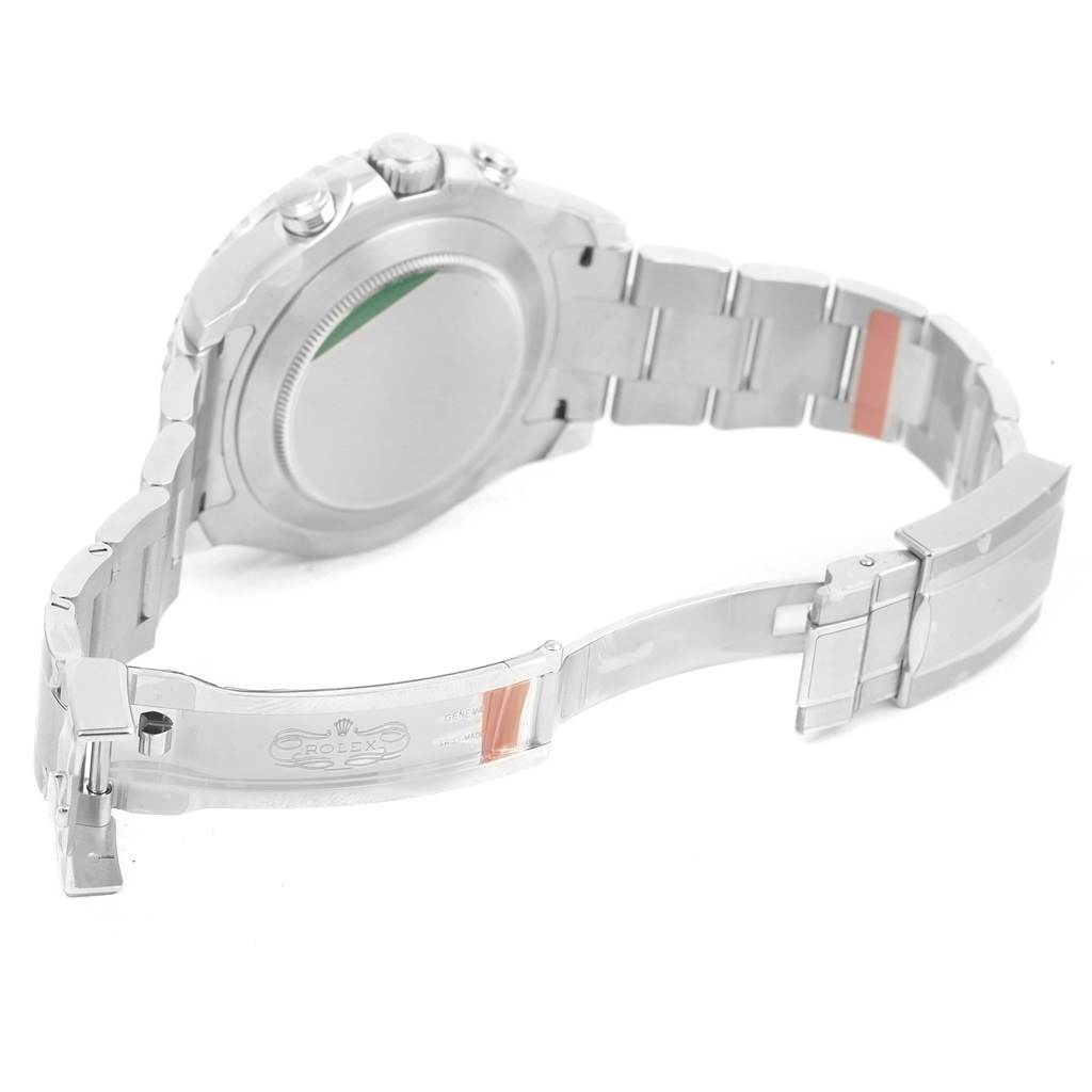 This image shows the backside and bracelet clasp of a Rolex Yacht-Master 116680 Men's Stainless Steel White Dial 116680 Men's Stainless Steel White Dial watch, emphasizing its metallic finishing.