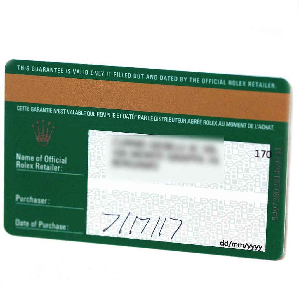 This image shows the guarantee card for a Rolex Yacht-Master 116680 Men's Stainless Steel White Dial 116680 Men's Stainless Steel White Dial model, detailing the retailer and purchase date.