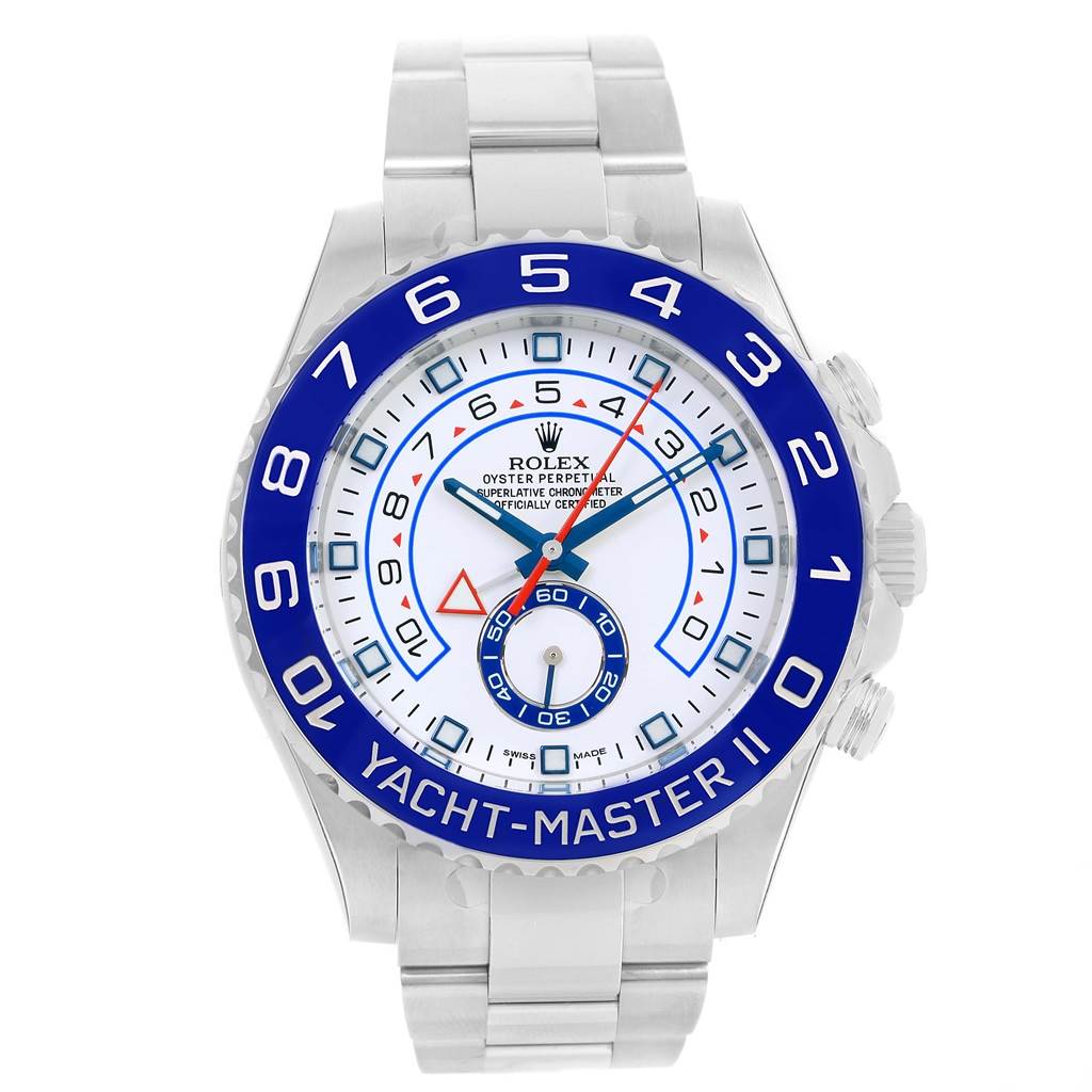 The image shows a front view of the Rolex Yacht-Master 116680 Men's Stainless Steel White Dial 116680 Men's Stainless Steel White Dial II watch, highlighting its blue bezel, white dial, and stainless steel bracelet.