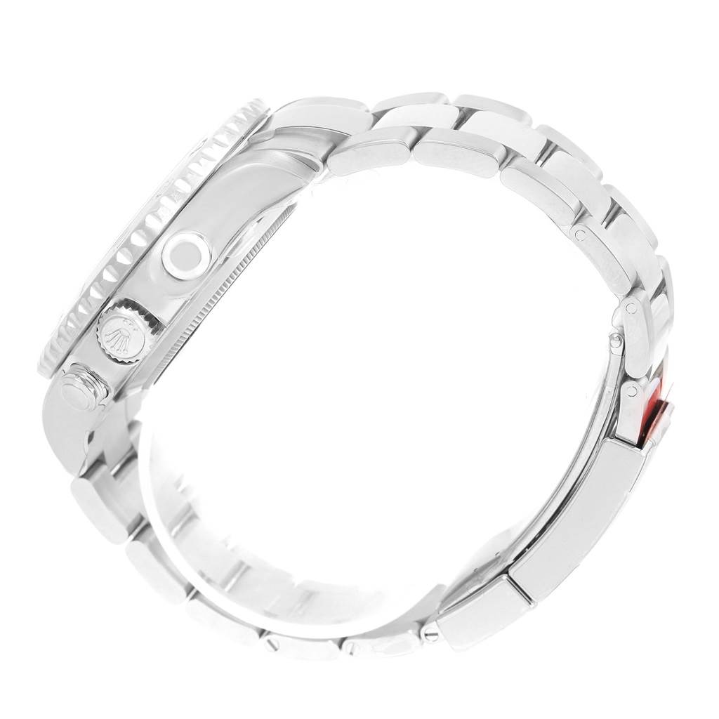 The image shows a side view of the Rolex Yacht-Master 116680 Men's Stainless Steel White Dial 116680 Men's Stainless Steel White Dial watch, highlighting the bracelet, crown, and bezel.