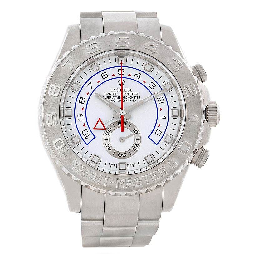 This is a front view of a Rolex Yacht-Master 116689 Men
s White Gold White Dial 116689 Men
s White Gold White Dial watch, showing the dial, bezel, crown, and part of the bracelet.