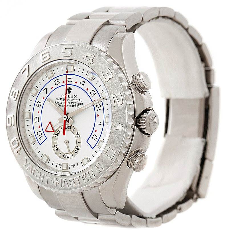 The image shows a front and partial side view of a Rolex Yacht-Master 116689 Men
s White Gold White Dial 116689 Men
s White Gold White Dial watch, highlighting the dial, bezel, and bracelet.