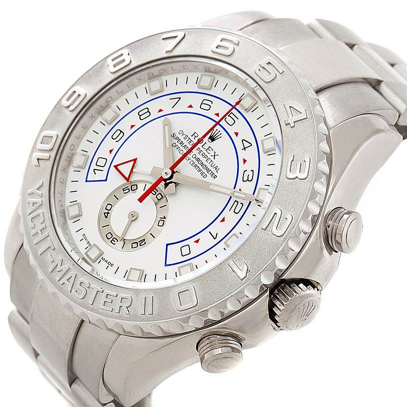The pictured Rolex Yacht-Master 116689 Men
s White Gold White Dial 116689 Men
s White Gold White Dial watch is shown at an angled view, highlighting the face, bezel, and crown.