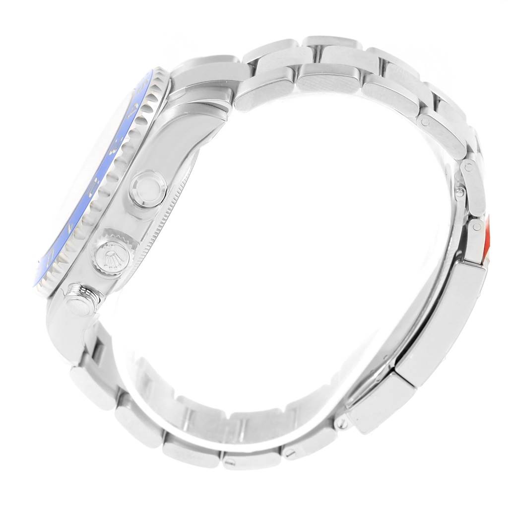 The image shows a side view of the Rolex Yacht-Master 116680 Men's Stainless Steel White Dial 116680 Men's Stainless Steel White Dial watch highlighting the crown, pushers, and part of the bracelet.