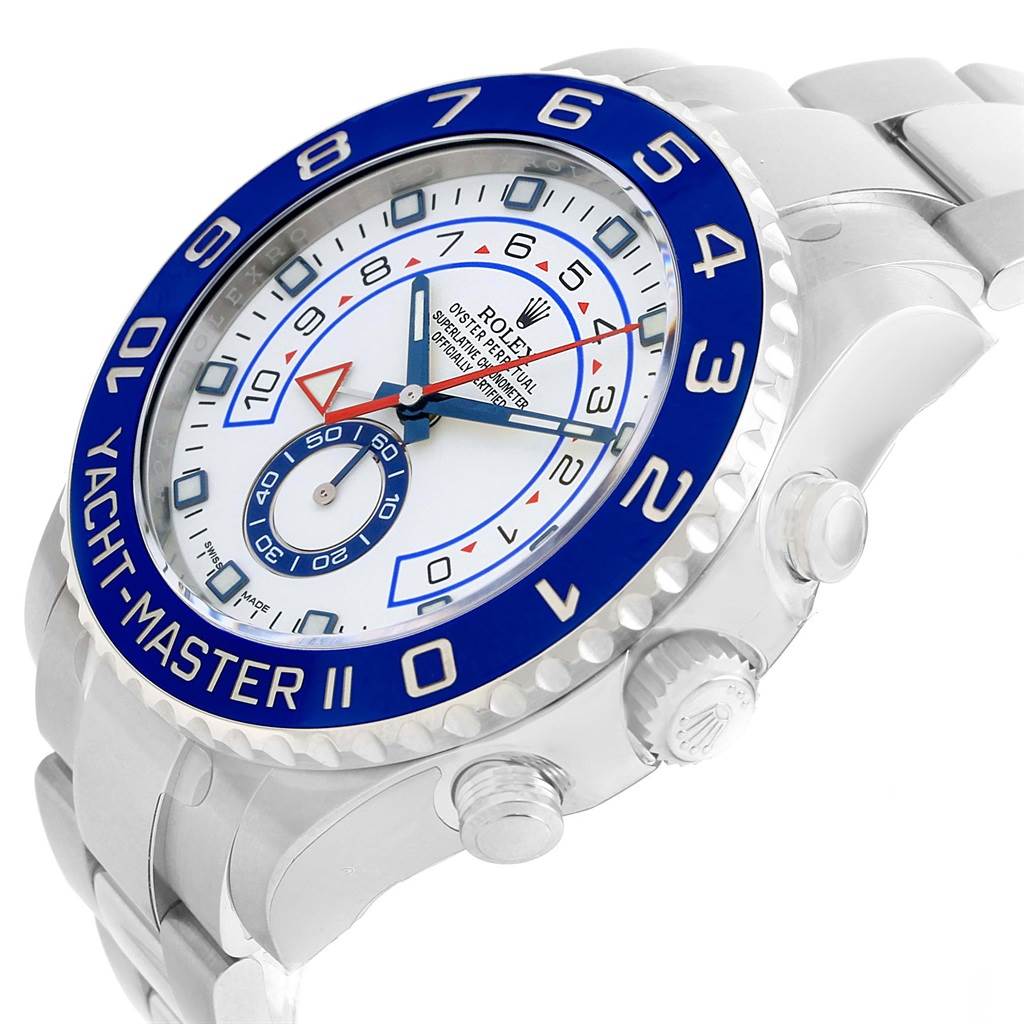 This image shows a Rolex Yacht-Master 116680 Men's Stainless Steel White Dial 116680 Men's Stainless Steel White Dial II watch at a slight angle, highlighting the face, blue bezel, and crown.