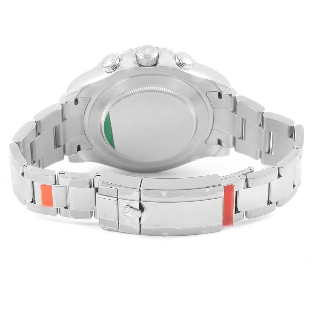 This image shows the back of a Rolex Yacht-Master 116680 Men's Stainless Steel White Dial 116680 Men's Stainless Steel White Dial watch, highlighting its clasp and bracelet.