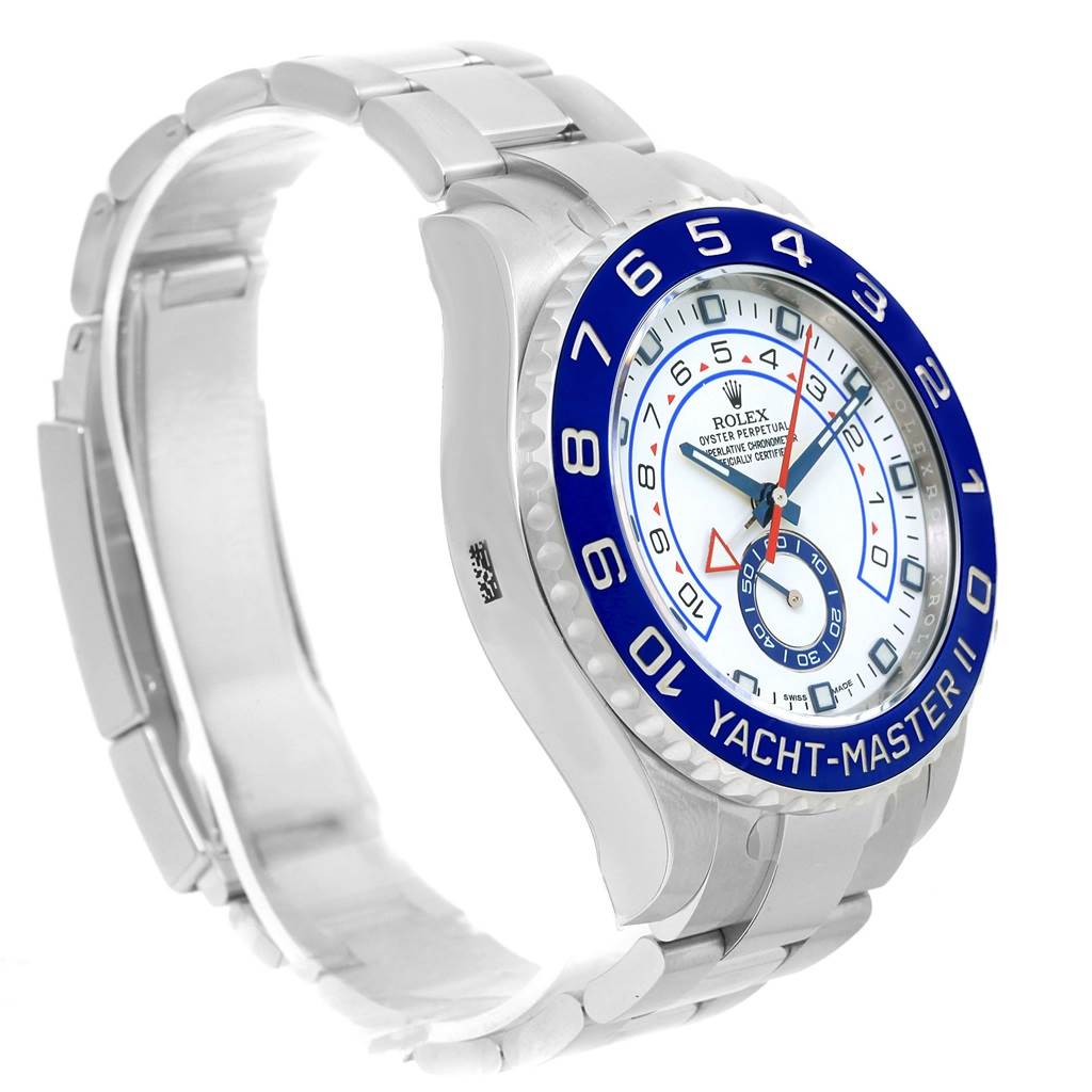 This image shows a side and front angle of the Rolex Yacht-Master 116680 Men's Stainless Steel White Dial 116680 Men's Stainless Steel White Dial II watch, highlighting the face and bracelet.