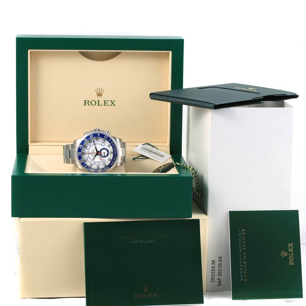The image shows a Rolex Yacht-Master 116680 Men's Stainless Steel White Dial 116680 Men's Stainless Steel White Dial watch in an open box, with accompanying booklets and packaging.