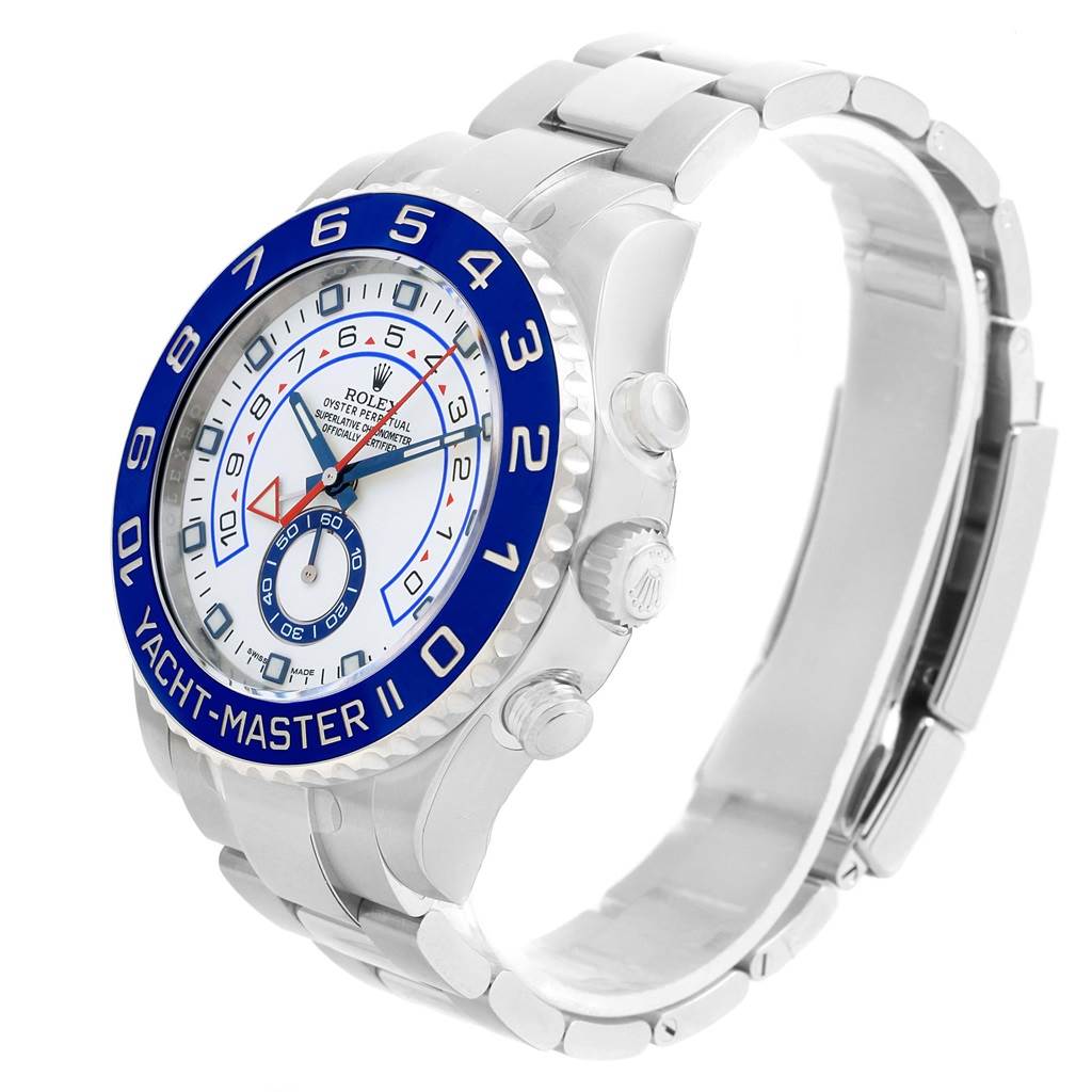 The image shows a Rolex Yacht-Master 116680 Men's Stainless Steel White Dial 116680 Men's Stainless Steel White Dial watch at a three-quarter angle, highlighting the bezel, dial, and stainless steel bracelet.
