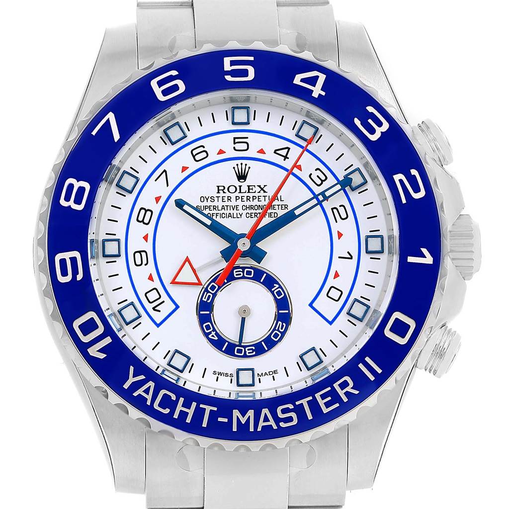 The image shows a frontal view of the Rolex Yacht-Master 116680 Men's Stainless Steel White Dial 116680 Men's Stainless Steel White Dial II watch, highlighting its dial and bezel.