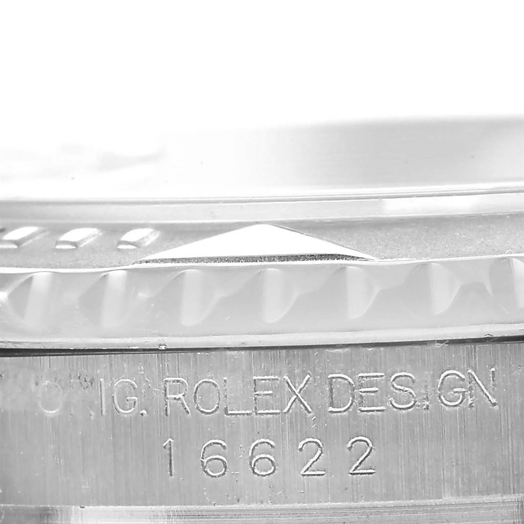 This image shows the side detail of a Rolex Yacht-Master 16622 Men's Stainless Steel Silver Dial 16622 Men's Stainless Steel Silver Dial watch, featuring the model number 16622 and the Rolex design engraving.