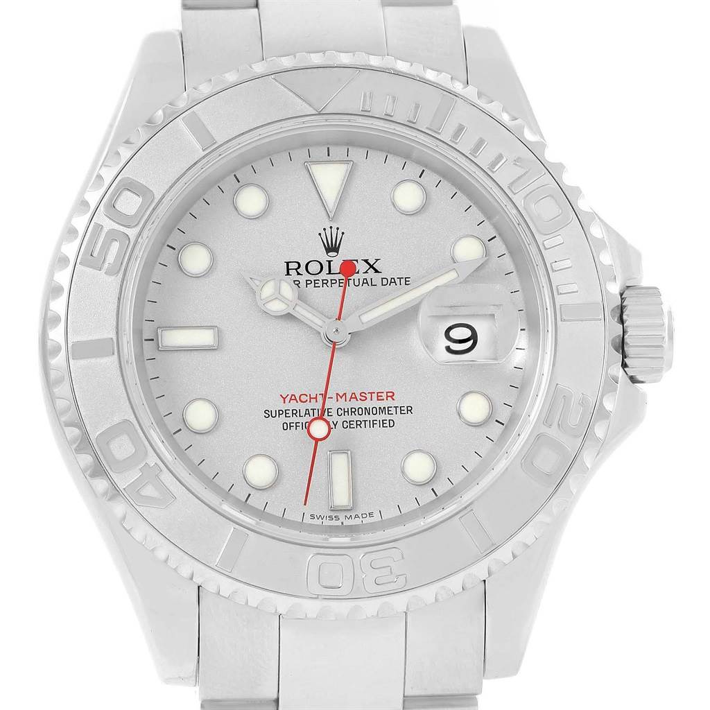 The close-up image shows the face, bezel, crown, and part of the strap of the Rolex Yacht-Master 16622 Men's Stainless Steel Silver Dial 16622 Men's Stainless Steel Silver Dial watch.
