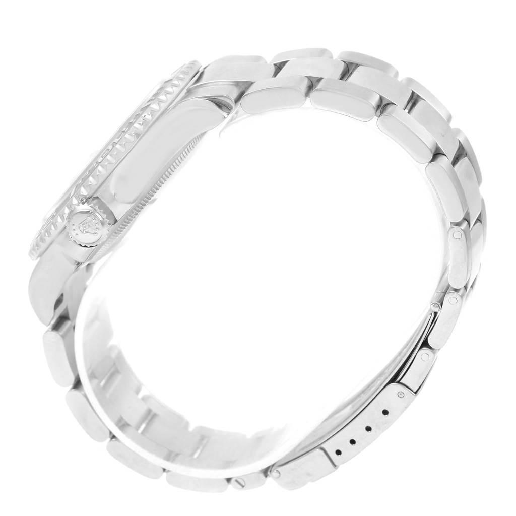 The image shows a side profile of a Rolex Yacht-Master 16622 Men's Stainless Steel Silver Dial 16622 Men's Stainless Steel Silver Dial watch focusing on the case, crown, and bracelet.