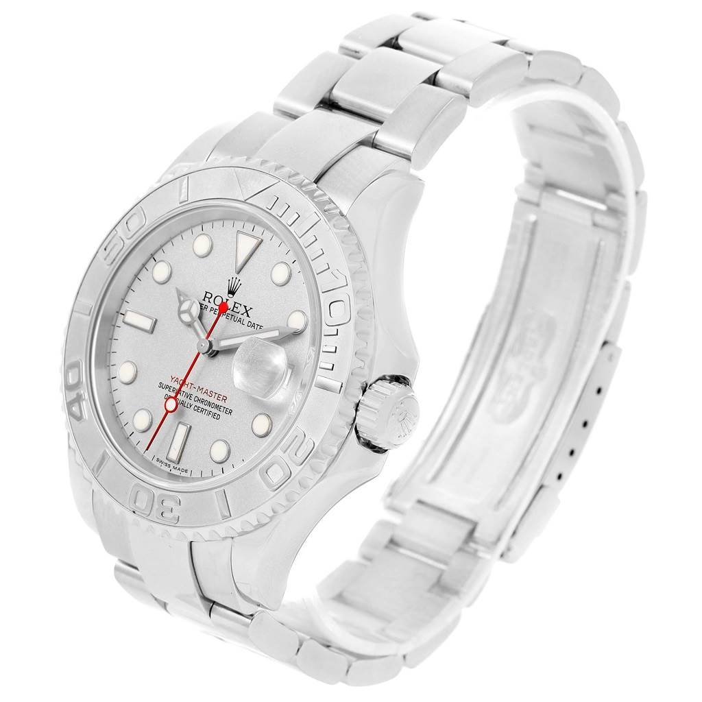 The image shows a side angle of the Rolex Yacht-Master 16622 Men's Stainless Steel Silver Dial 16622 Men's Stainless Steel Silver Dial watch displaying the face, bezel, crown, and bracelet.