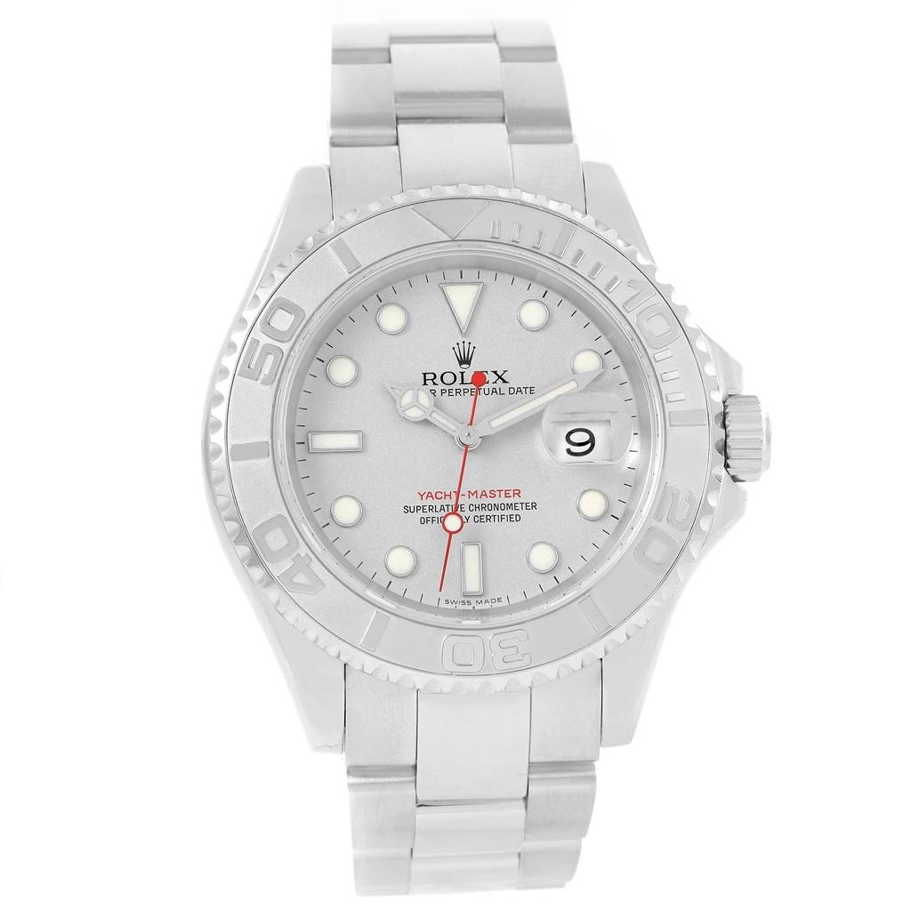 The image shows a frontal view of a Rolex Yacht-Master 16622 Men's Stainless Steel Silver Dial 16622 Men's Stainless Steel Silver Dial watch, highlighting its dial, bezel, crown, and bracelet.
