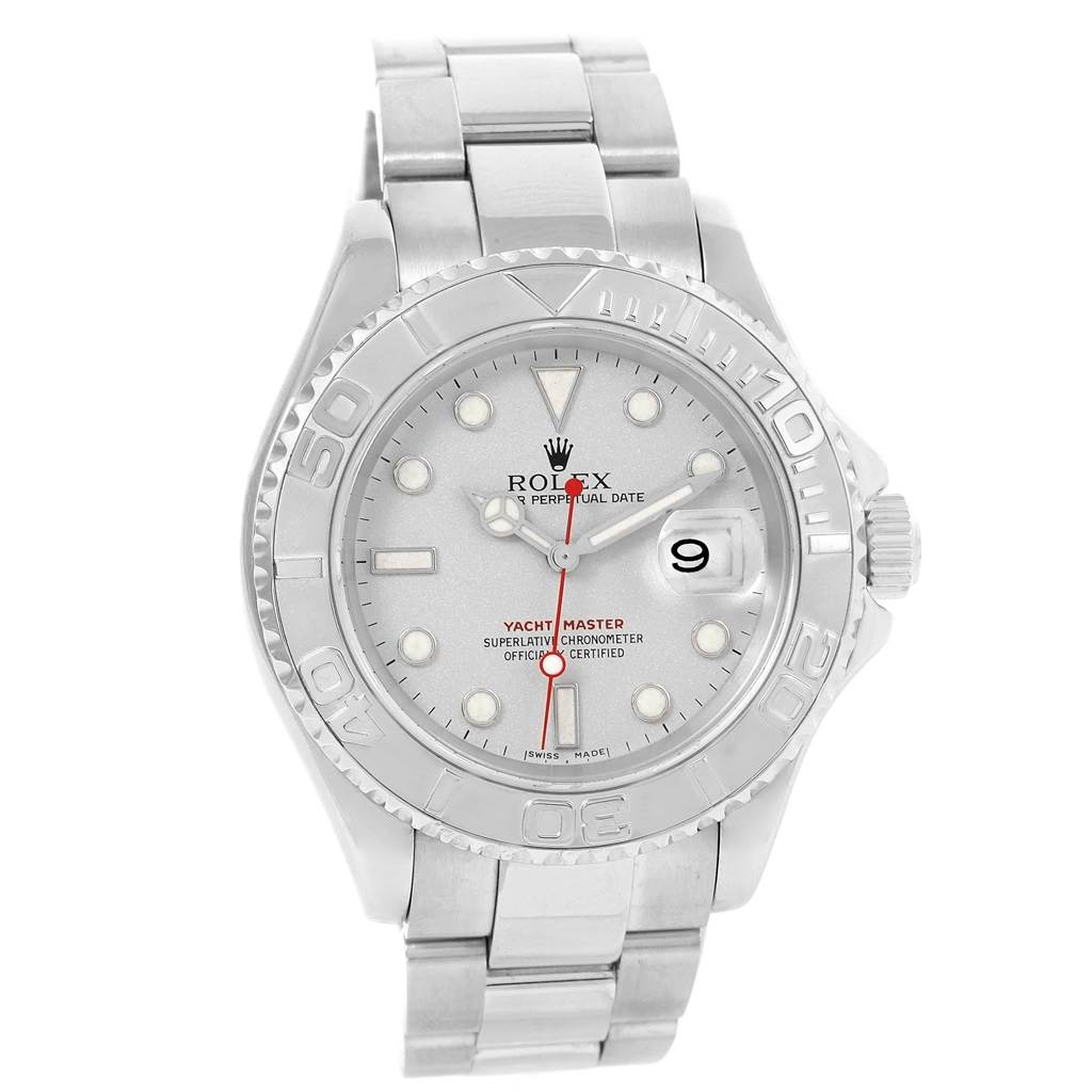 The image shows a front view of a Rolex Yacht-Master 16622 Men's Stainless Steel Silver Dial 16622 Men's Stainless Steel Silver Dial watch, highlighting its face, bezel, and bracelet.
