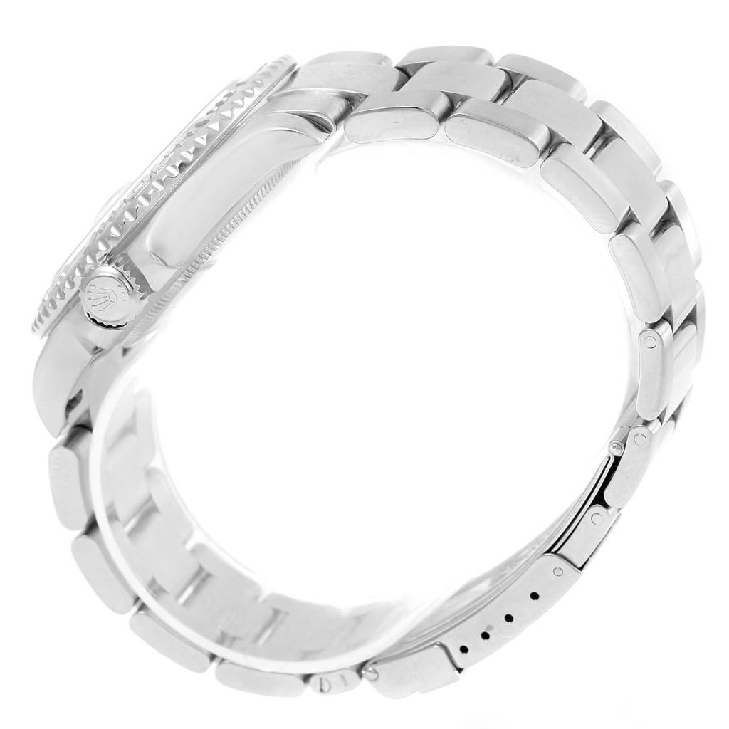 The image shows a side and partial top view of a Rolex Yacht-Master 16622 Men's Stainless Steel Silver Dial 16622 Men's Stainless Steel Silver Dial watch, highlighting the bracelet and crown.