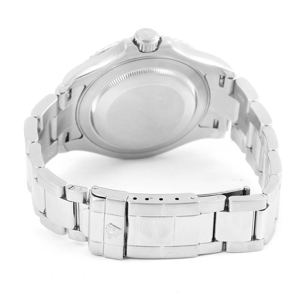 This image shows the back view of a Rolex Yacht-Master 16622 Men's Stainless Steel Silver Dial 16622 Men's Stainless Steel Silver Dial watch, highlighting the case back, crown, and metal bracelet.