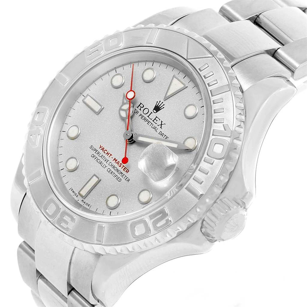 This image shows a Rolex Yacht-Master 16622 Men's Stainless Steel Silver Dial 16622 Men's Stainless Steel Silver Dial watch at an angled close-up, highlighting the face, bezel, and part of the bracelet.
