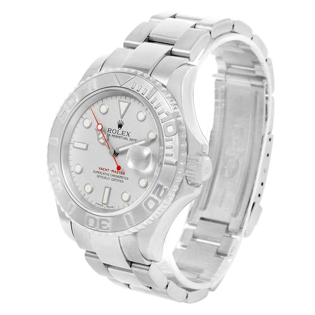 The Rolex Yacht-Master 16622 Men's Stainless Steel Silver Dial 16622 Men's Stainless Steel Silver Dial watch is shown from an angled front view, displaying the face, bezel, crown, and stainless steel bracelet.