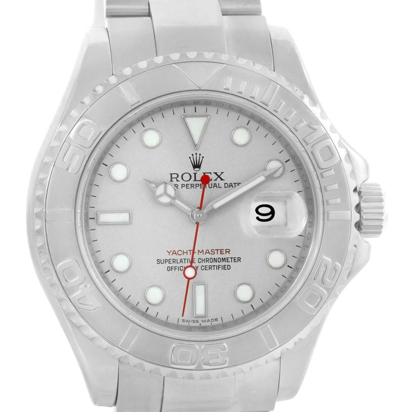 The image shows a front view of the dial and bezel of the Rolex Yacht-Master 16622 Men's Stainless Steel Silver Dial 16622 Men's Stainless Steel Silver Dial watch.