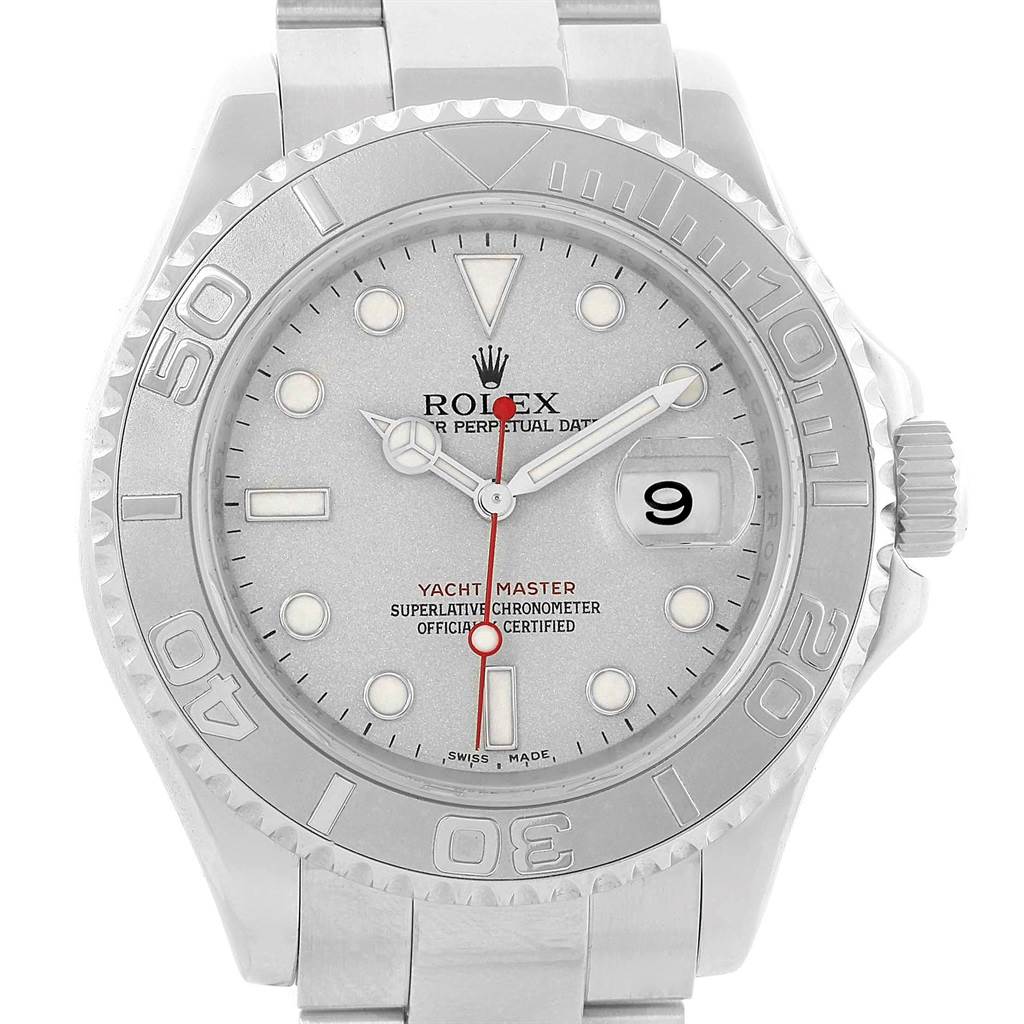 The image shows a front view of a Rolex Yacht-Master 16622 Men's Stainless Steel Silver Dial 16622 Men's Stainless Steel Silver Dial watch, highlighting the dial, bezel, crown, and bracelet.