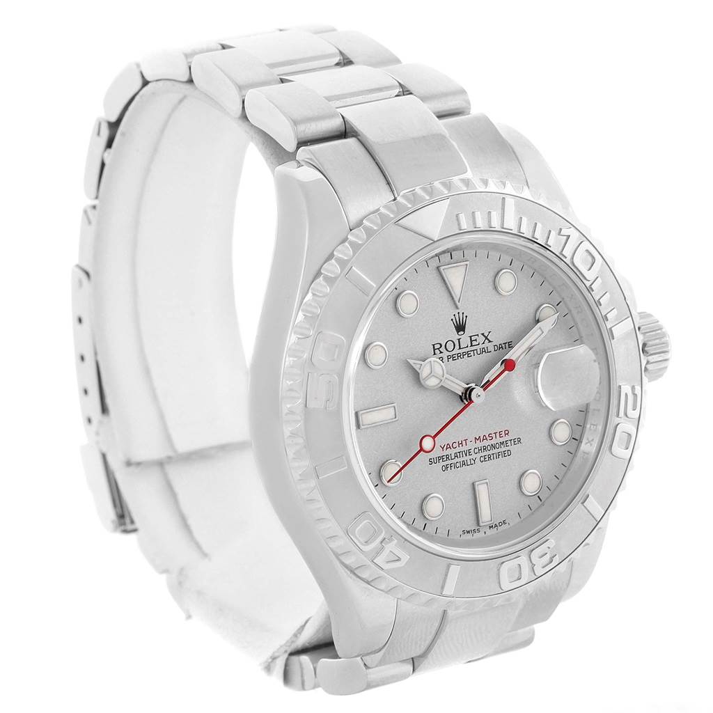 The image shows a side and front view of a Rolex Yacht-Master 16622 Men's Stainless Steel Silver Dial 16622 Men's Stainless Steel Silver Dial watch, displaying the face, bezel, and bracelet.