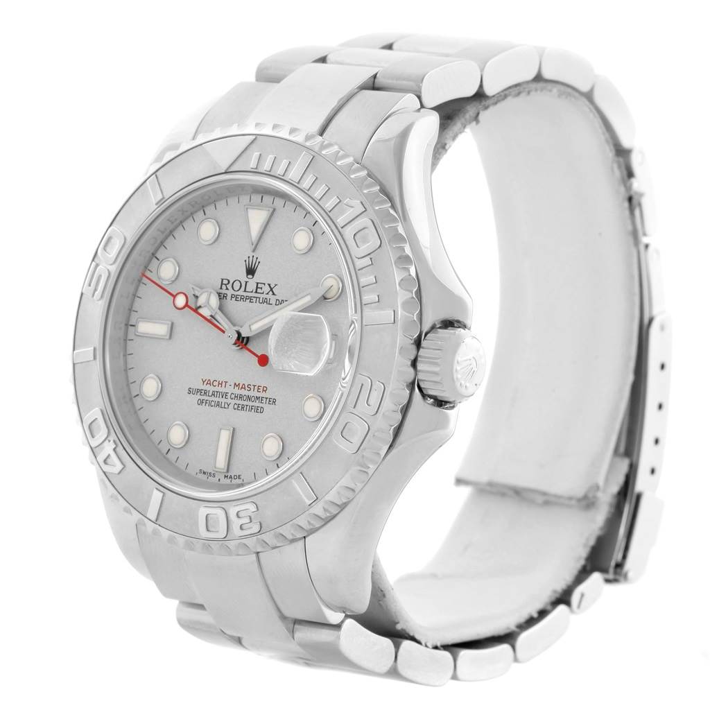 The Rolex Yacht-Master 16622 Men's Stainless Steel Silver Dial 16622 Men's Stainless Steel Silver Dial watch is shown at a 45-degree angle, highlighting the case, dial, bezel, and bracelet.
