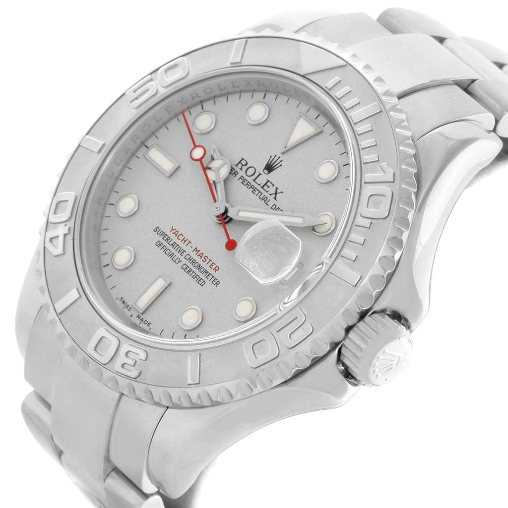 The Rolex Yacht-Master 16622 Men's Stainless Steel Silver Dial 16622 Men's Stainless Steel Silver Dial watch is shown at a tilted angle, highlighting the bezel, dial, and bracelet clasp.