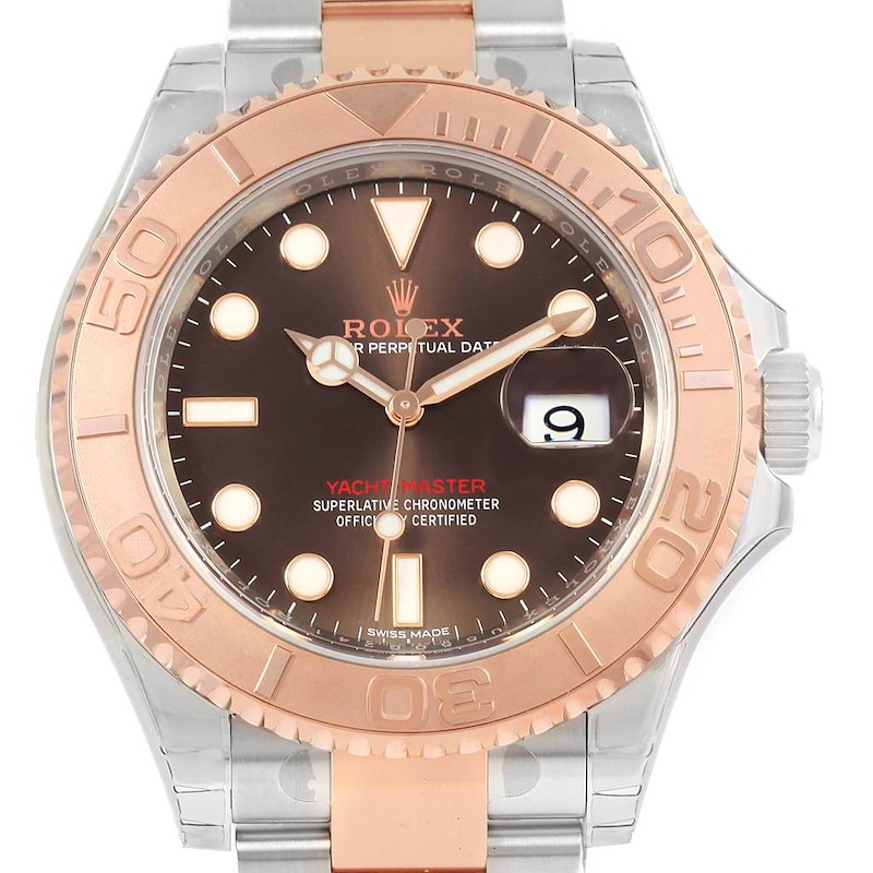 This Rolex Yacht-Master watch is shown from a front angle, highlighting its bezel, dial, hands, and part of its bracelet.