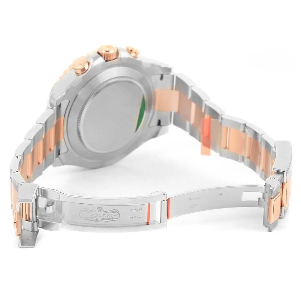 This image shows the back view of a Rolex Yacht-Master 116681 Men's Steel and Gold (two tone) White Dial 116681 Men's Steel and Gold (two tone) White Dial watch, focusing on the case back and partially open bracelet.