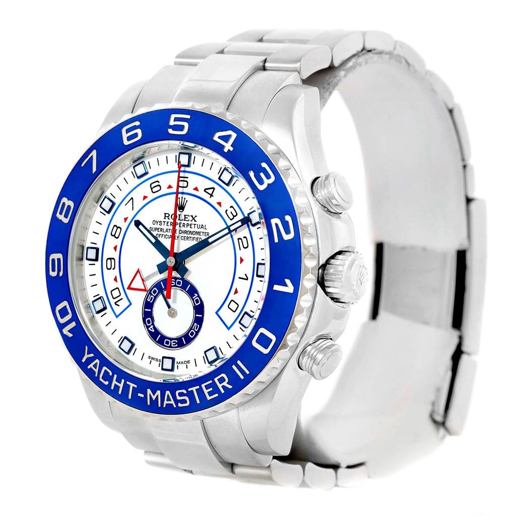 The image shows a Rolex Yacht-Master 116680 Men's Stainless Steel White Dial 116680 Men's Stainless Steel White Dial II watch from a front angle, highlighting the face, bezel, and part of the bracelet.