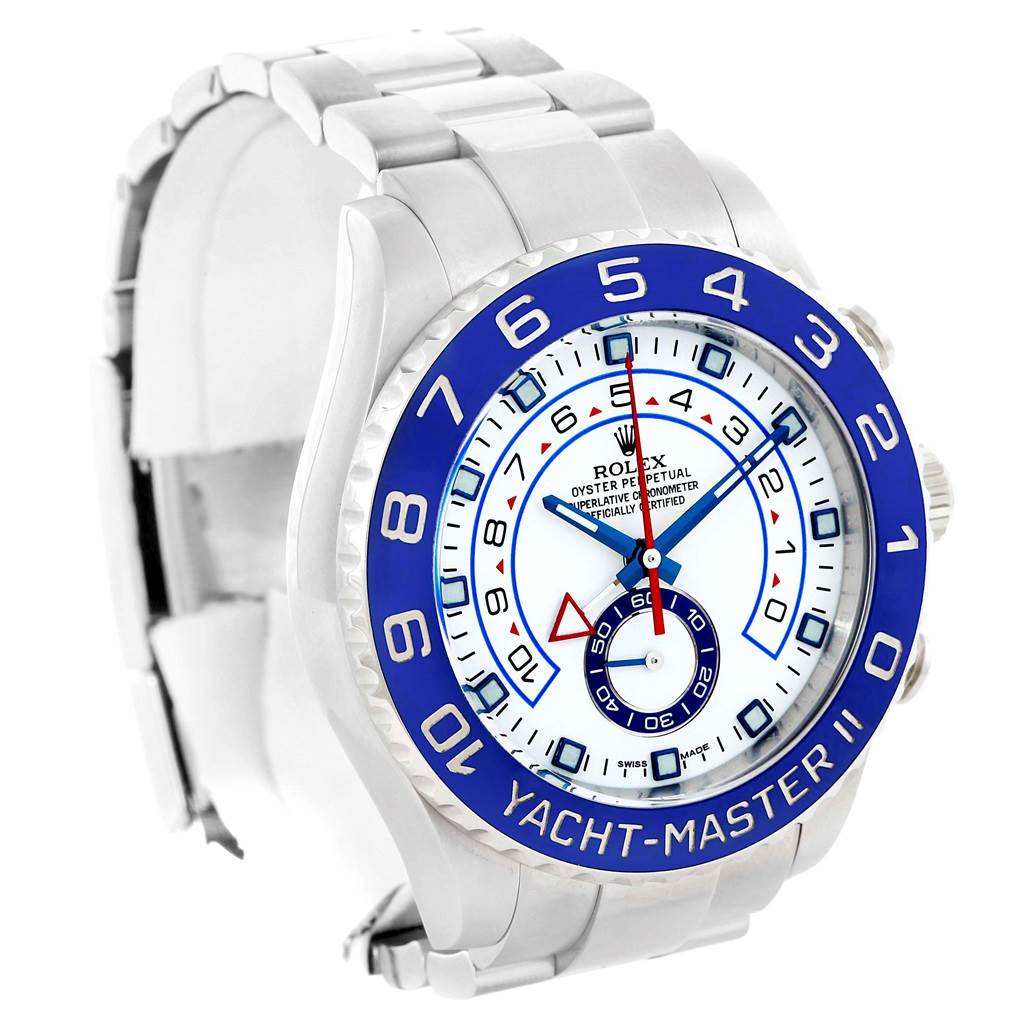 The Rolex Yacht-Master 116680 Men's Stainless Steel White Dial 116680 Men's Stainless Steel White Dial watch is displayed at a slight side angle, showing the face, bezel, case, and part of the bracelet.