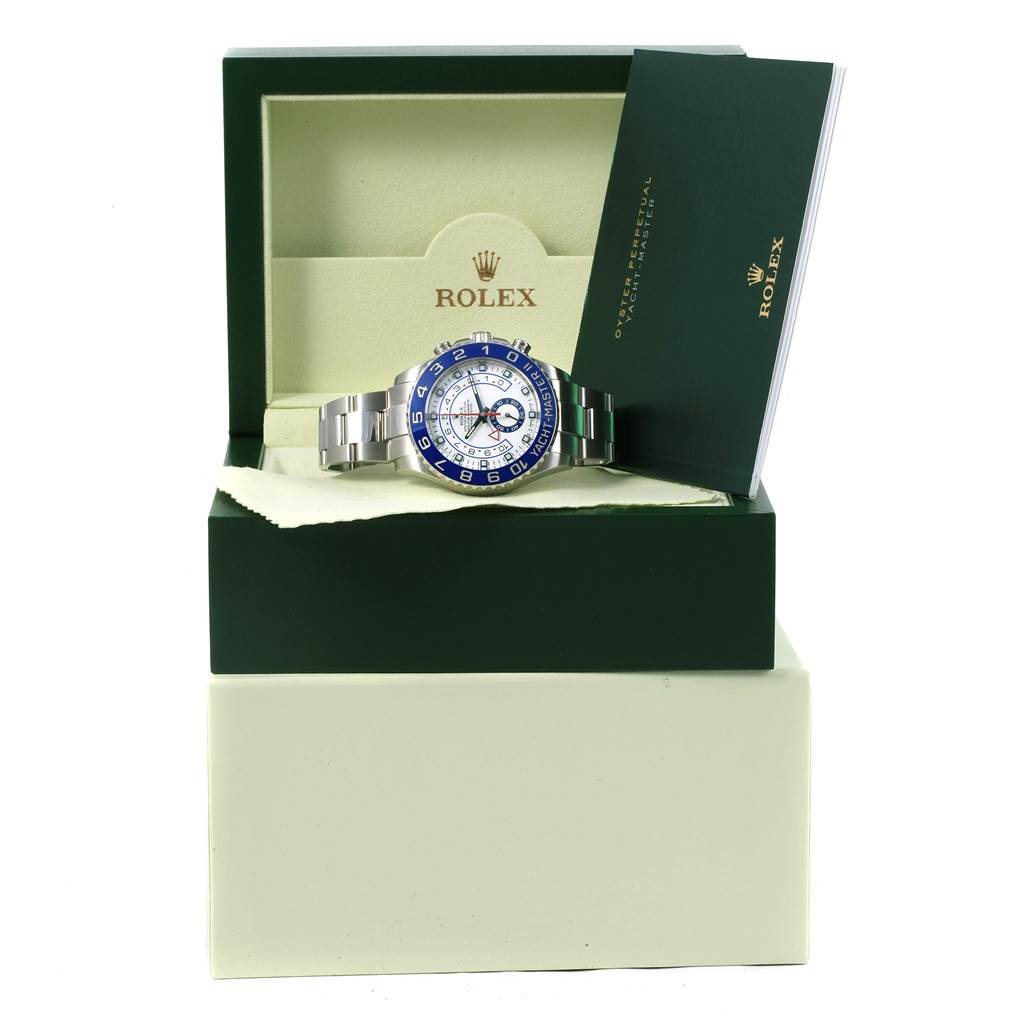 The Rolex Yacht-Master 116680 Men's Stainless Steel White Dial 116680 Men's Stainless Steel White Dial watch is displayed in an open box with its booklet visible on the right side.