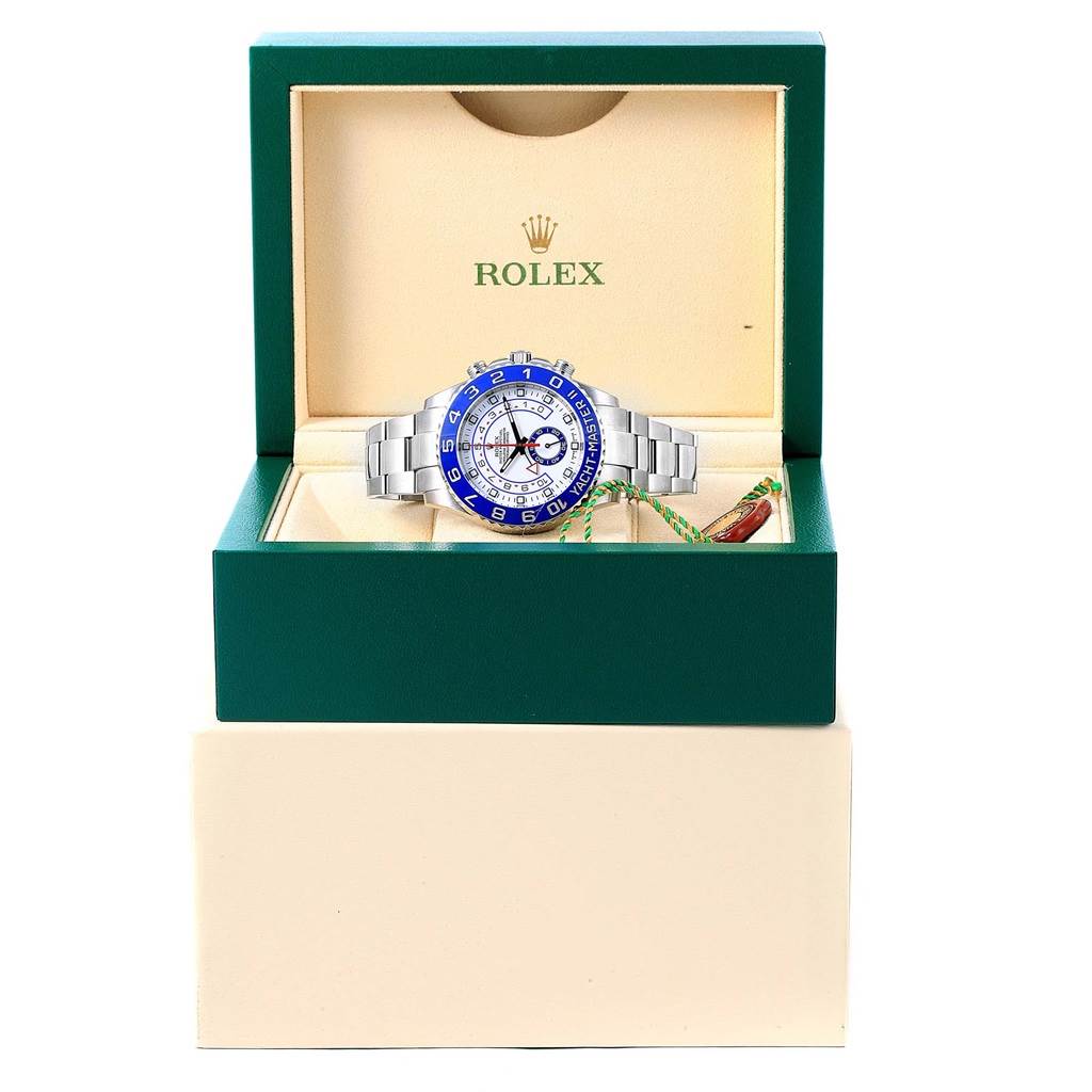 The Rolex Yacht-Master 116680 Men's Stainless Steel White Dial 116680 Men's Stainless Steel White Dial watch is displayed front-facing in its open green and cream-colored box.