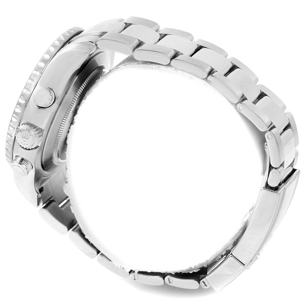 The image shows a side view of the Rolex Yacht-Master 116680 Men's Stainless Steel White Dial 116680 Men's Stainless Steel White Dial watch, highlighting the crown, bezel, and the metal bracelet links.