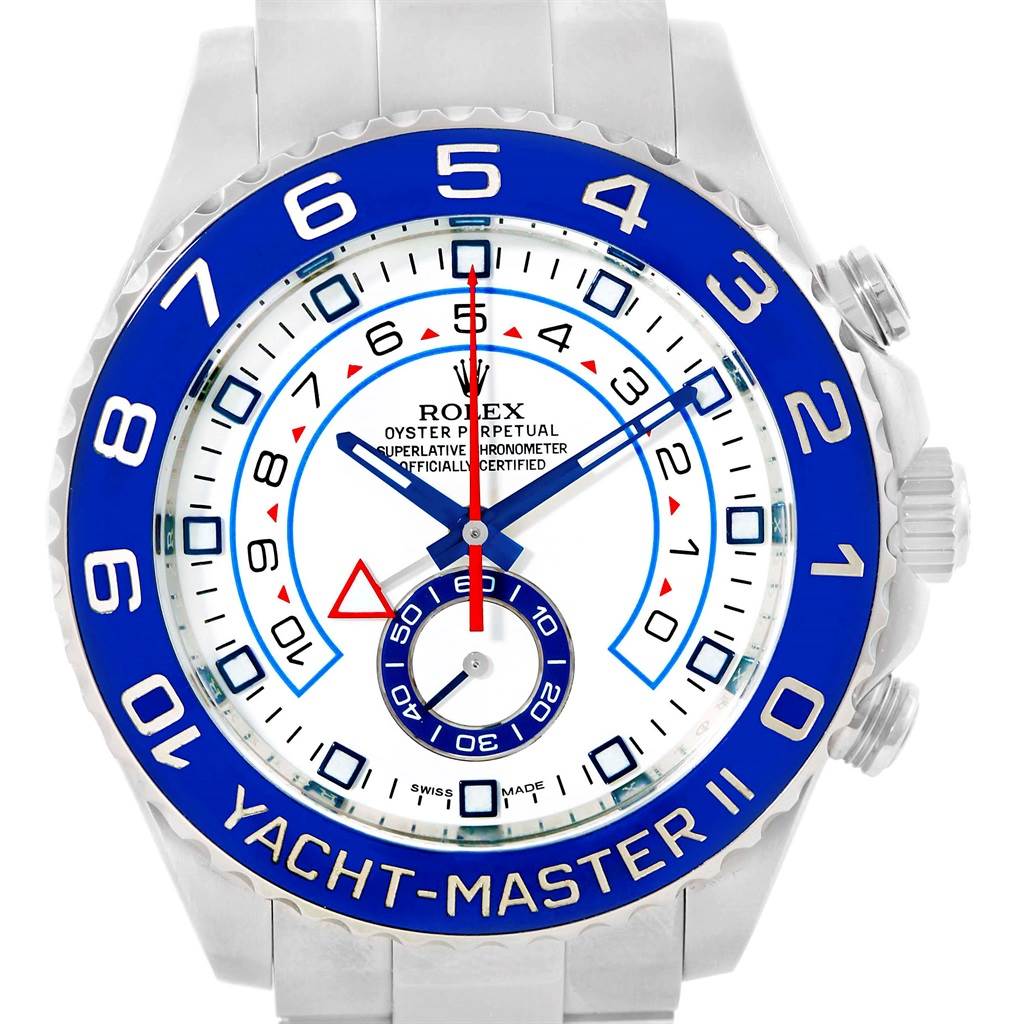 The Rolex Yacht-Master 116680 Men's Stainless Steel White Dial 116680 Men's Stainless Steel White Dial watch is shown from a front view, highlighting the bezel, dial, crown, and bracelet.