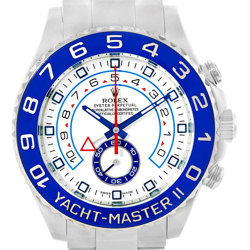 The Rolex Yacht-Master watch is shown from a front view, highlighting the bezel, dial, crown, and bracelet.