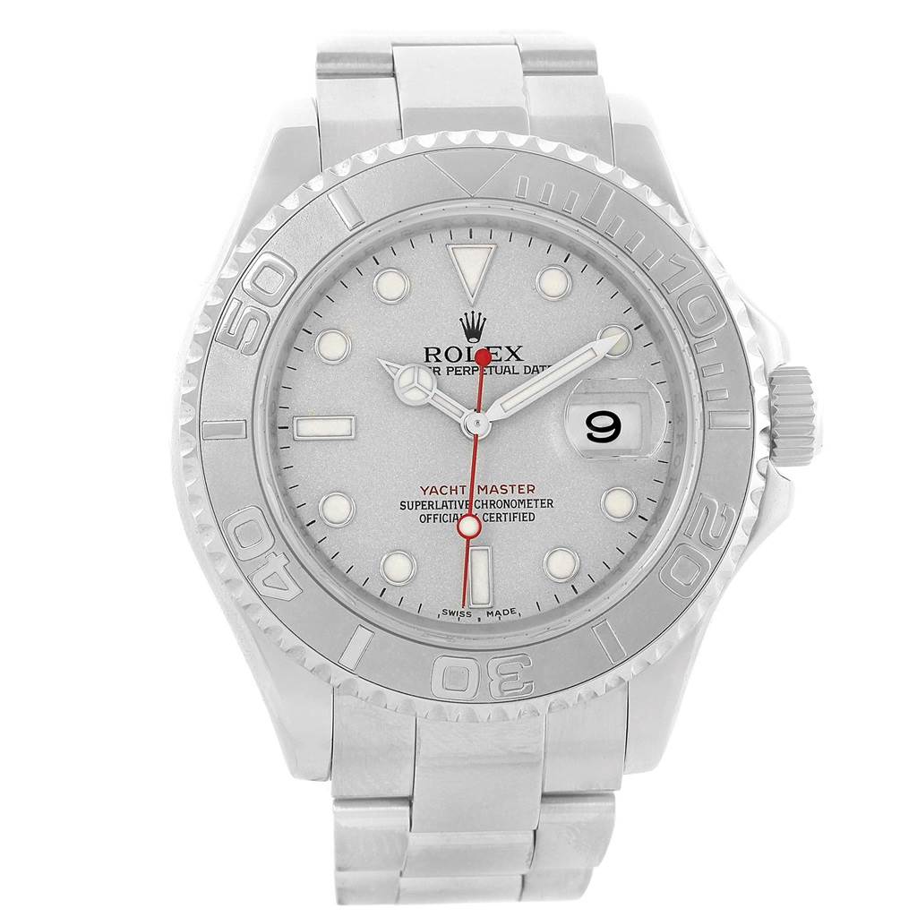 This image shows a front view of a Rolex Yacht-Master 16622 Men's Stainless Steel Silver Dial 16622 Men's Stainless Steel Silver Dial watch displaying its dial, bezel, and bracelet.