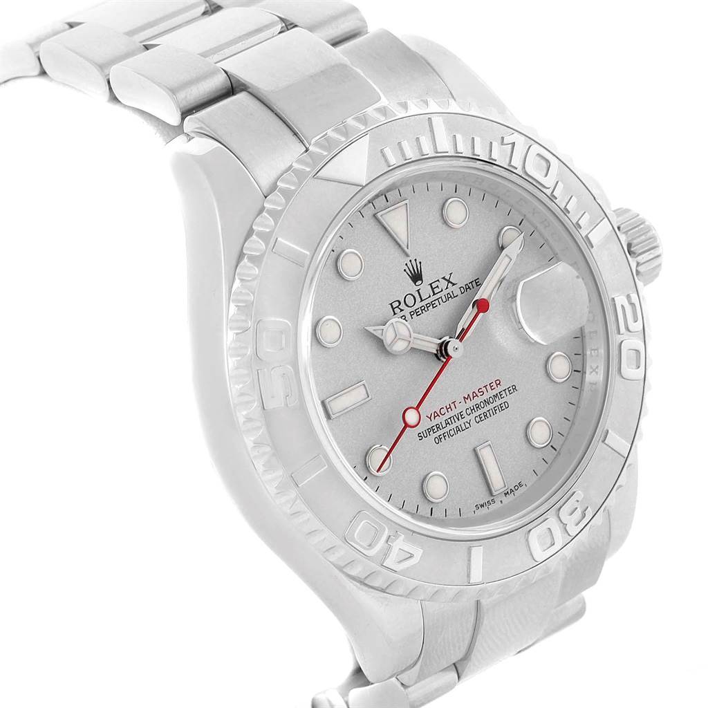 The image shows a front-side view of the Rolex Yacht-Master 16622 Men's Stainless Steel Silver Dial 16622 Men's Stainless Steel Silver Dial watch, highlighting its dial, bezel, crown, and part of the bracelet.