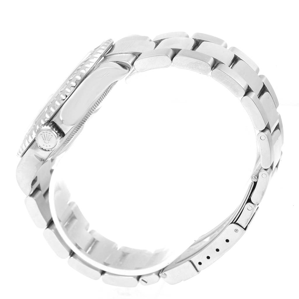 This image shows the side view of the Rolex Yacht-Master 16622 Men's Stainless Steel Silver Dial 16622 Men's Stainless Steel Silver Dial watch, highlighting its band, clasp, and crown with the Rolex logo.