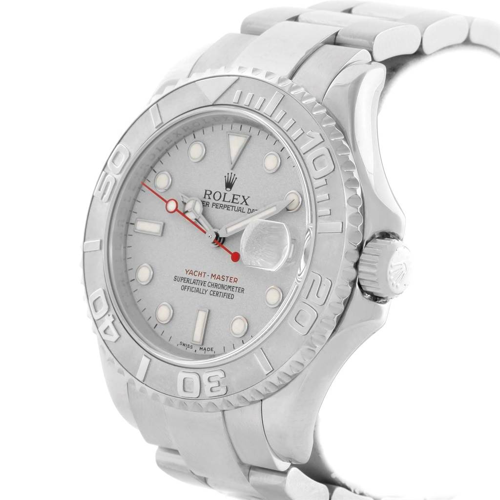 This Rolex Yacht-Master 16622 Men's Stainless Steel Silver Dial 16622 Men's Stainless Steel Silver Dial watch is shown from an angled view, highlighting the face, bezel, and a portion of the bracelet.
