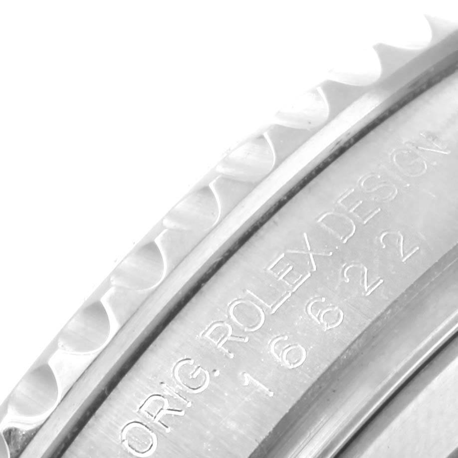 This image shows a close-up of the side of the Rolex Yacht-Master 16622 Men's Stainless Steel Silver Dial 16622 Men's Stainless Steel Silver Dial watch, highlighting its bezel and engraved model number.