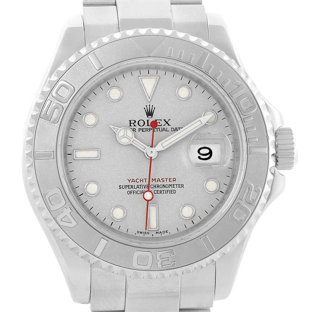 The image shows a front view of the Rolex Yacht-Master 16622 Men's Stainless Steel Silver Dial 16622 Men's Stainless Steel Silver Dial watch, displaying the face, bezel, crown, and part of the bracelet.