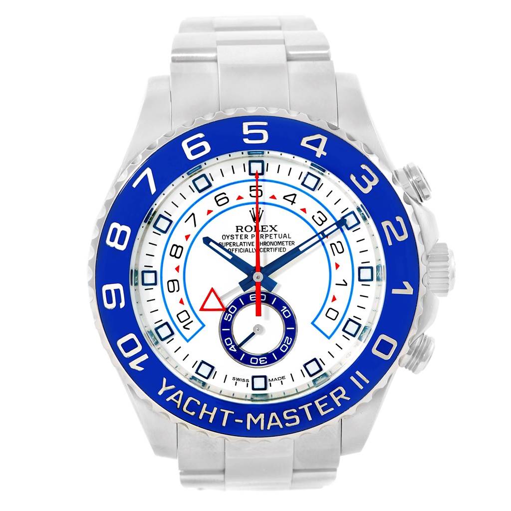 The image shows a Rolex Yacht-Master 116680 Men's Stainless Steel White Dial 116680 Men's Stainless Steel White Dial II watch from a straight-on angle, highlighting the face, bezel, and part of the bracelet.
