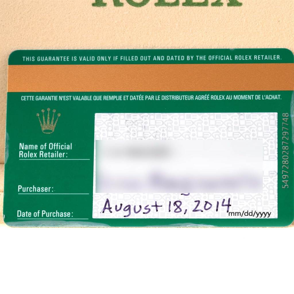 The image shows a warranty card for a Rolex Yacht-Master 116680 Men's Stainless Steel White Dial 116680 Men's Stainless Steel White Dial watch, displaying the date of purchase and retailer information.